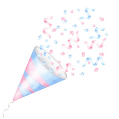 Pink blue party poppers with confetti. Hand drawn watercolor illustration isolated on white background. For gender reveal party, baby shower, children's holiday