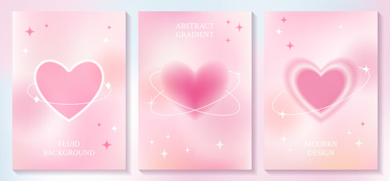Set of abstract fluid pastel pink background with gradient blurry heart and star, trendy minimal template with brutalism geometric shapes for card, banner, poster, cover design.