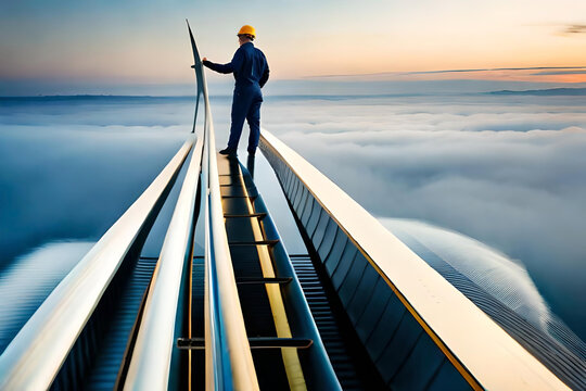 a technician inspecting a wind turbine blade, highlighting the maintenance and care involved in the efficient operation of wind energy systems - Powered by Adobe