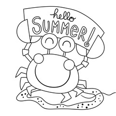 Illustration in black and white of a smiling crab holding a sign that says welcome summer, coloring page
