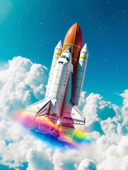 Naklejka premium Space ship, shuttle, rocket flying toward the clouds Illustration Wallpaper. project start up concept. Generative AI