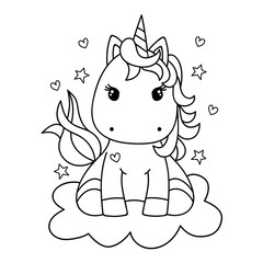 Illustration in black and white of a little pink unicorn sitting on a cloud and surrounded by stars and hearts, coloring page
