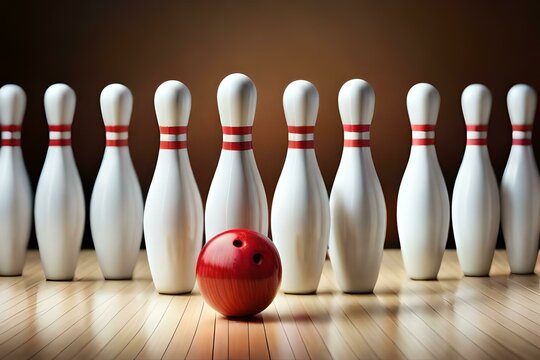 Bowling pins lined up with a red ball in front. Created with generative Ai technology.