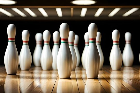 Aligned bowling pins. Created with generative Ai technology.