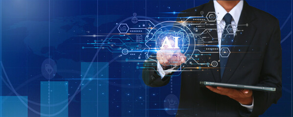 Businessman touching the brain of artificial intelligence (AI) in futuristic business and software development.