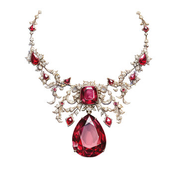 Red jewelry and silver necklace, with diamonds, watercolor isolated on white or transparent background. Generative AI