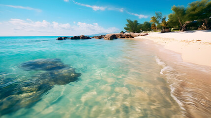 A beautiful caribbean sea lagoon with sandy beach, turquoise water and rocks
