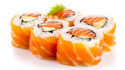 Fresh japanese salmon sushi on white background isolated copy space
