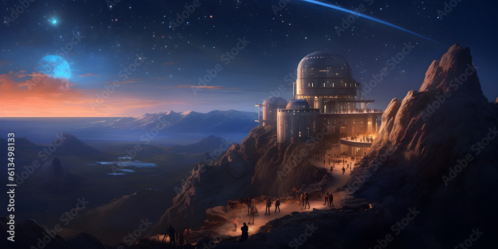 Wall mural a bustling observatory atop a mountain peak, with astronomers peering through powerful telescopes at