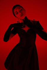 Fototapeta premium expressive and graceful asian woman in black long gloves and elegant cocktail dress touching neck and posing on vibrant background with red lighting effect, spring fashion photography