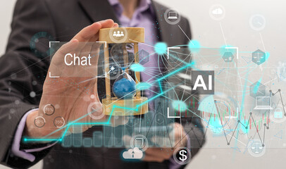 Businessman touching the brain working of Artificial Intelligence (AI) in the futuristic business...