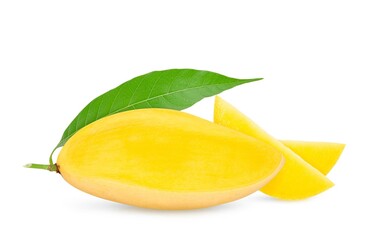 Mango fruits with slices and leaves isolated on white background.