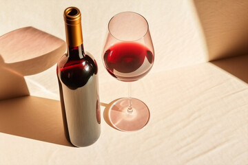 Flat lay with red wine bottle, set glasses wine with sunshine shadow and flare on light beige background. Red wine aesthetic photo, copyspace. Summer holiday still life. AI Generative