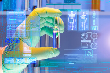 Futuristic Holographic Interface, showing medical Data in augmented reality from artificial...