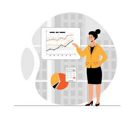 Benchmarking concept. Benchmark business development. Analysis financial statistics, data, graph, chart, report of a leader competitor's company. Illustration with people scene in flat design for web