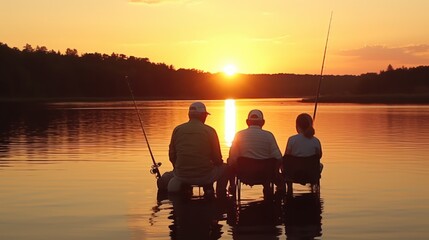 A Legacy of Love, heartwarming moment featuring multiple generations of fathers and their children, serene lakeside during sunset fishing together