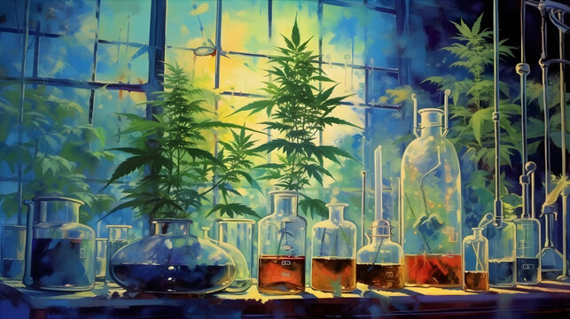 Cannabis Science, A laboratory filled with beakers, test tubes, and scientific equipment, where researchers are conducting experiments on cannabis compounds