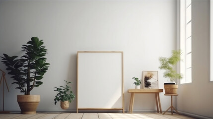 Fototapeta na wymiar Empty square frame mockup in modern minimalist interior over white wall background - Generative AI