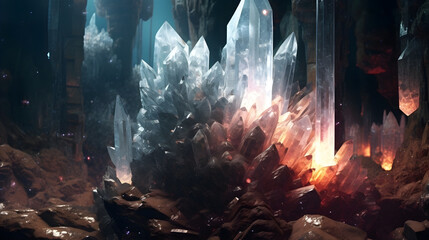 Crystal Growth, Intricate crystals forming on a metallic surface, A dimly lit cavern, Mystical and mysterious ambiance