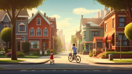 Fototapeta premium Pedaling Together, Heartening Father's Day depiction created in 3D realism, minimalist style, featuring a father teaching his child to ride a bicycle