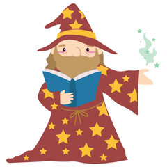 Clipart on wite background of sorcerer or wizard reading the spell book. Medieval fairytale a male sorcerer or wizard cartoon character. Vector outline fantasy monarch kingdom.