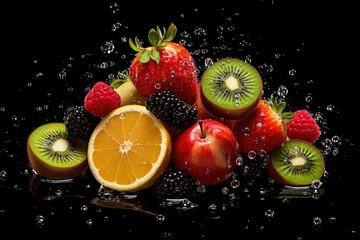 Fresh fruit apple orange kiwi strawberry lemon berry  cherry lime on black background