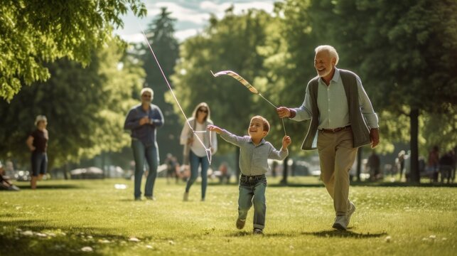 Generational Bonds, heartwarming moment featuring multiple generations of fathers and their children, ush green grassy field where fathers and children are playing together