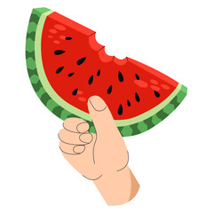 Hand holding a slice of watermelon. Juicy stylized slice of bitten watermelon. Concept of healthy lifestyle and ripe fruits