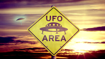 UFO Schild "UFO AREA" mit unbekanntem Flugobjekt im Hintergrund