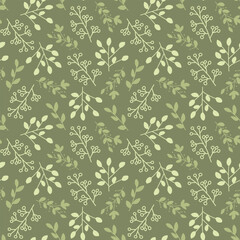 Green floral seamless pattern. Branch and berries repeat on green background. Vector illustration.