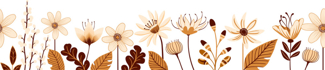Wild Flowers Orange Seamless Pattern Border Design