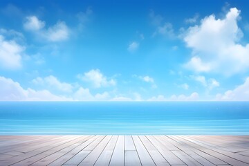 The sea background with wood floor foreground. sky summer clouds. Generative AI