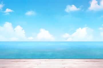 Fototapeta premium White wood floor with sea and sky background. abstract on vacation summer ocean beach. Generative AI