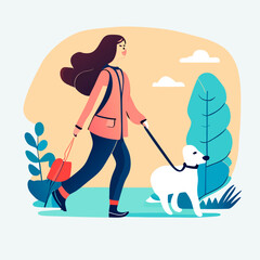 Woman  dog owner walking with puppy  leading it on leash. Girl going with doggy  strolling outdoors in nature. Female character and cute pup. Flat vector illustration isolated on white background