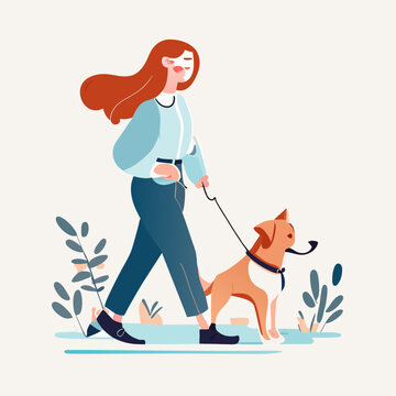 Woman  Dog Owner Walking With Puppy  Leading It On Leash. Girl Going With Doggy  Strolling Outdoors In Nature. Female Character And Cute Pup. Flat Vector Illustration Isolated On White Background