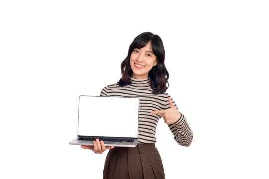 Beautiful young Asian woman on sweater cloth pointing index finger on laptop pc computer and looking at camera with smile face and happy isolated on white background - PNG format