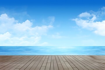 Fototapeta premium Wood floor with blur blue sky. Summer sea background. Generative AI
