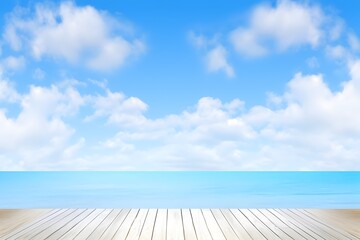 Fototapeta na wymiar Wood floor with blur blue sky. Summer sea background. Generative AI