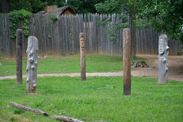 Wooden figures, Early Settlement Interpretive, Henricus Historical Park, Chester, Virginia