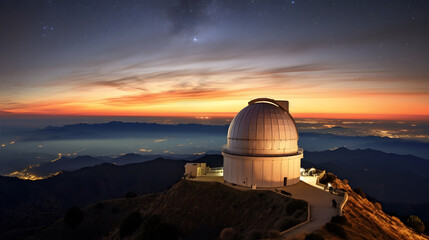 A bustling observatory atop a mountain peak, with astronomers peering through powerful telescopes at distant stars and galaxies - obrazy, fototapety, plakaty