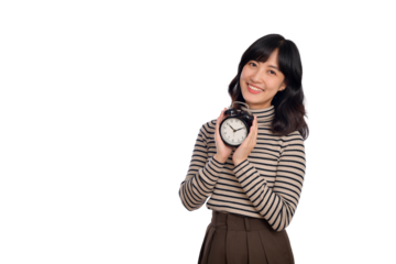 Happy Asian woman with casual clothing holding alarm clock isolated on white background - PNG format