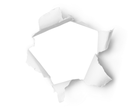 Ragged hole torn in ripped paper, cut out