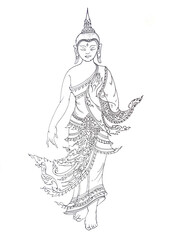 Thai style line drawings of Buddha images in the blessing posture on a white background
