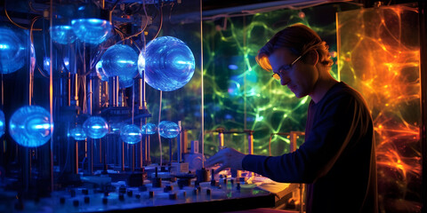 Quantum entanglement experiment, A scientist in a high-tech laboratory observes entangled particles generating intricate patterns of light