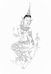 Line art Thai female character. Hand drawn. On a white background.