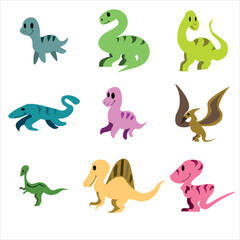 Various species of dinosaurs in cartoon style for decoration.