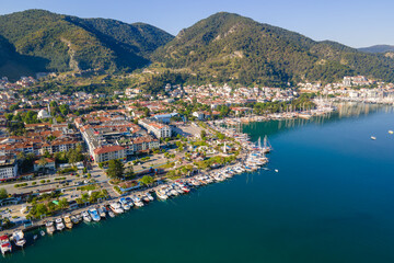 Aerial view of yacht marina and the city of Fethiye, Aegean Sea, Turkey