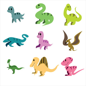 Various species of dinosaurs in cartoon style for decoration.