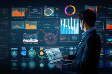 Obraz premium Professional businessman looking at charts on stock markets. Generative AI