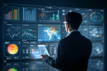 Professional businessman looking at charts on stock markets. Generative AI